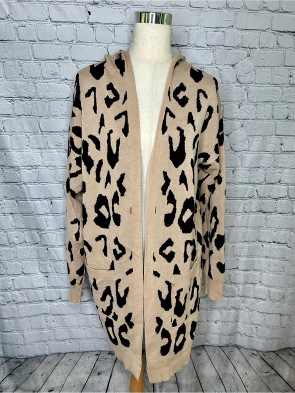 Leopard Print Hooded Cardigan Beige Black Open Front Longline Cozy Chic Sweater